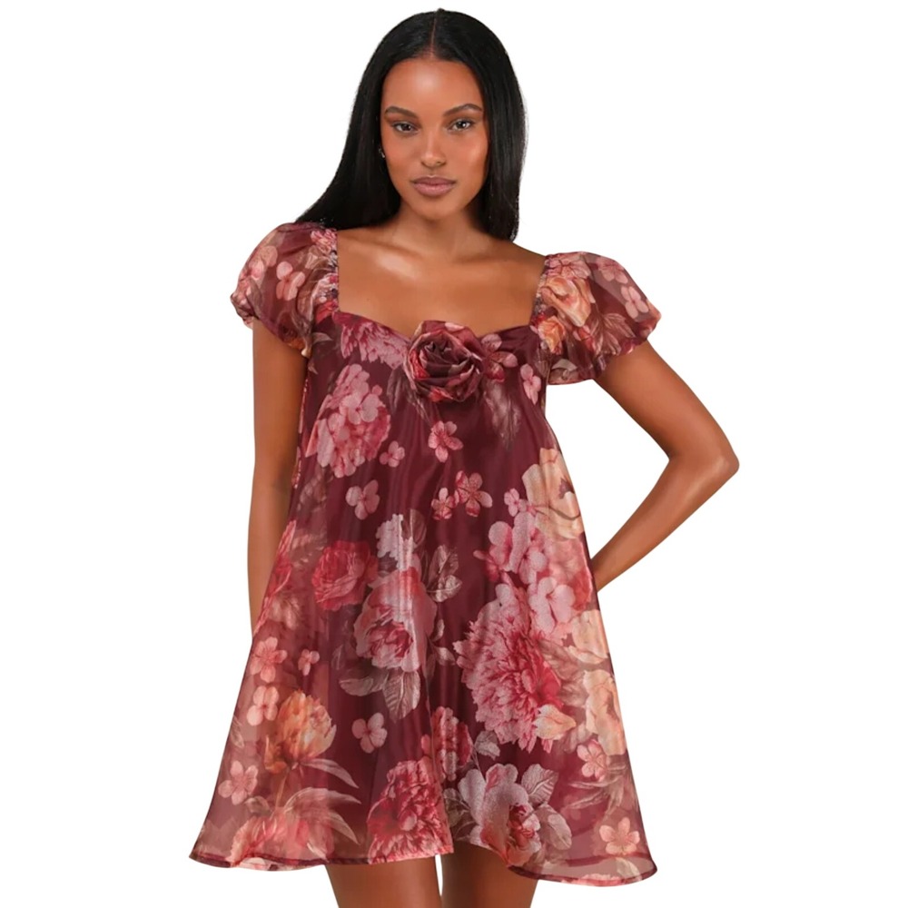 Lulus Dress NWT Mini Burgundy Wine Red Floral Rose Organza Babydoll Homecoming